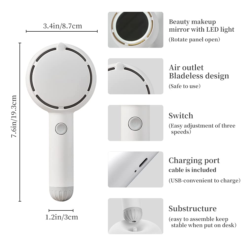 Star Compass Mini Handheld Fan, Battery Operated Rechargeable Portable With LED Light Makeup Mirror, Bladeless Small Personal 3 Speeds Eyelash for Women Girls Outdoor Travel (White)