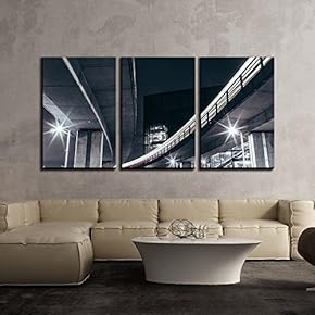 3 Piece Canvas Wall Art - Transportation System with Dazzling Light Night - Modern Home Art Stretched and Framed Ready to Hang - 16"x24"x3 Panels