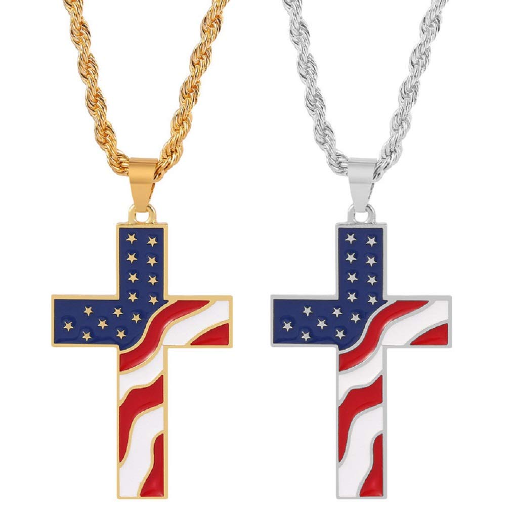 American Flag Cross Necklace for Men, Christian Religious Cross Necklace with 23.6” Chain, Crucifix Cross Amulet Necklace, Patriotic Necklace, Baptism Christian Jewelry (Silver)