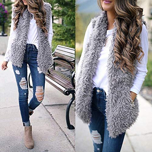 Sanyyanlsy Women's Autumn Fashion Sexy Solid Faux Fur Vest Coat Casual Sleeveless Warm Winter Long Outwear Waistcoat Top Gray