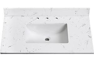 EQLOO 36"x22" Engineered Stone Bathroom Vanity Top with Rectangular Undermount Ceramic Middle Sink, 8 Inch Faucet Hole Spread with Backsplash Bathroom Vanity Sink Top (Cabinet Not Included)