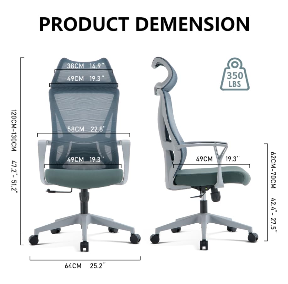 VOFFOV Office Chair with Headrest, Desk Chair Ergonomic Chair with Lumbar Support Armrest, Swivel Mesh Gaming for Home Office Study (Grey Headrest)