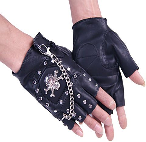 Cool Skull Head Cycling Gloves Punk Style Half Finger Street Dancing Gloves With Chains