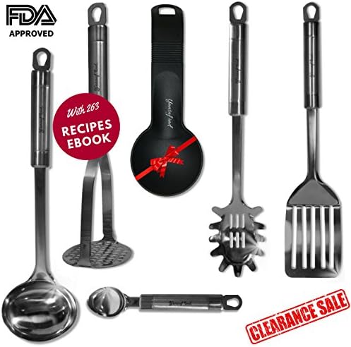 Clearance Sale! Stainless Steel Kitchen Utensils Set &amp; Cooking Tools, Nonstick Cookware Utensils, Potato Masher, Slotted Turner, Soup Ladle, Spaghetti Spoon, Ice Cream Scoop With Gift (6 piece)
