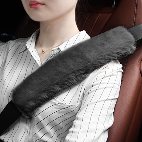 GAMPRO Seat Belt Pads Long 13 inch Faux Rex Rabbit Fur, Soft Comfortable Car Safety Seat Belt Strap Shoulder Pad for Adults and Children 2-Pack (Gray)