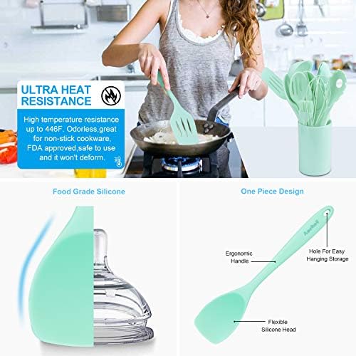 Aschef Ensemble d'Ustensiles de Cuisine en Slicone, Lot de 11 Ustensile de Cuisine Pratique et Robuste avce le Rangement, Anti-Adhésive, Kit Ustensile Cuisine Complet avec Spatule, Couleur Bleu