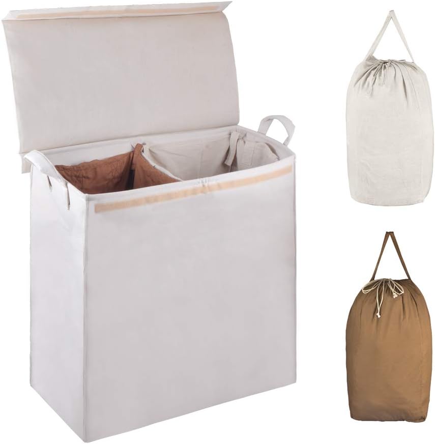 MCleanPin Foldable Double Laundry Hamper with 2 Sorting Liners,2 Section Laundry Sorter with Lid,Removeable Laundry Bags with Drawstring Closure and Handles,Clothes Hamper for College,Dorm Room.Beige