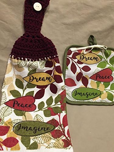 Free ship to USA - 1 CROCHET KITCHEN hand TOWEL MEDIUM weight terry cloth and Coordinating hot pad - Dream Peace Imagine - Claret (Dark burgundy) 100% acrylic yarn crochet top