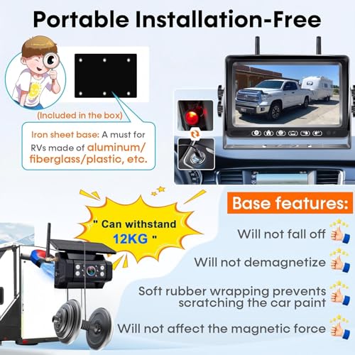 Wireless RV Backup Camera Install-Free for Trailer: 7 Inch Recording Monitor Solar RV Rear View Camera Long Battery Life Scratch-Proof - Strong Magnetic RV Camera HD 1080P for RVs Trucks Campers