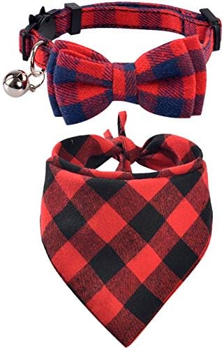 KZHAREEN Cat Collar and Bandana Set Collar Breakaway with Cute Bow Tie Bell Plaid Scarf Triangle Bibs Kerchief