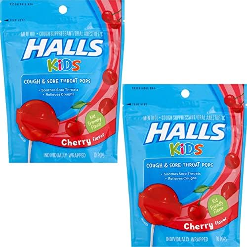 Halls Kids Cough & Sore Throat Cherry Pops,10 Pops Each (Pack of 2