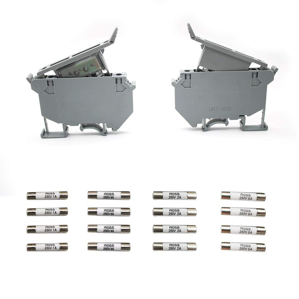 Din Rail Fuse Holder - Her Kindness 2 Piece Rail Mount Fuse Holder, Din Rail Terminals Fuse Holder Base, Suit 220V AC Plug Fuses Carrier, with 12 Fuses for Mounting Circuit Breakers Terminal Blocks