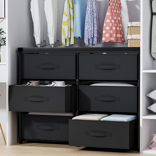PPN Dresser with 6 Fabric Drawer Stand Desktop Sturdy Metal Plastic Support Tube Cube Storage Cabinet for Living Room, Bedroom Organization Dorm Front Hall Entryway Black