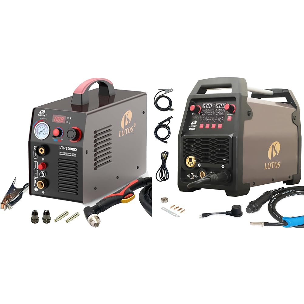 LOTOS LTP5000D 50A Pilot Arc Plasma Cutter, 5/8 inch Clean Cut, 110/220V + LOTOS MIG225 MIG Welder, 225A 110/220V, 6 in 1 MIG Welder Image