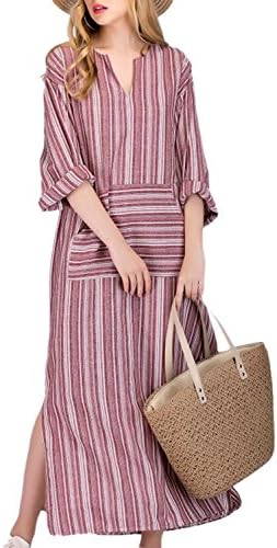 Simgahuva Womens Linen Maxi Dress Cotton Stripes Shift Dresses Plus Size with Pocket