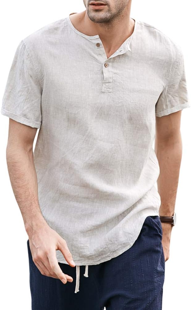 Mens Linen Henley Shirt Casual 3/4 Sleeve T Shirt Pullover Tees Lightweight Curved Hem Cotton Summer Beach Tops