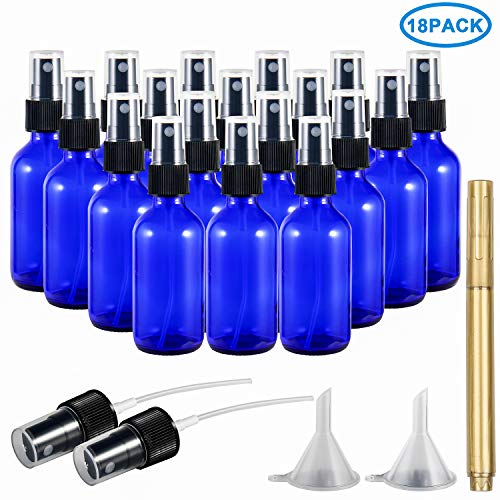 RUCKAE 2 oz Glass Spray Bottles(Blue)-18 Piece Set - With Funnel and Gold Glass Pen,Black Fine Mist Sprayers