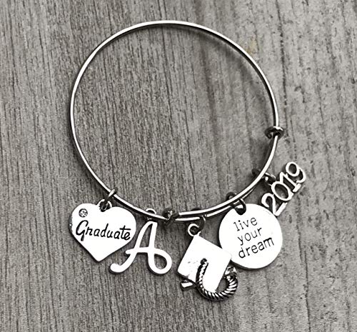 Personalized Graduation Bangle Bracelet With Letter Charm-Graduation Gift, Perfect Gift for Graduates, 2019 Edition