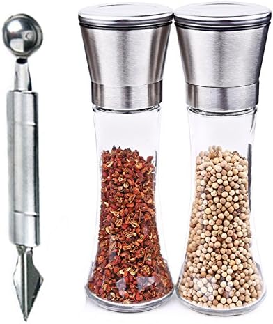 [2 Pack] Salt And Pepper Grinder Set - Fansidi Salt and Pepper Shakers with 5 Grade Adjustable Ceramic Rotor, 200mL Capacity, and Extra Melon Baller&amp;Fruit Carving Knife - Best Salt &amp; Pepper Mill
