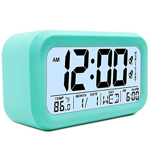 TXL Large LCD Digital Alarm Clock 4.7" Kids Bedside Clock Battery Operated with Snooze&Light Touchpad Function/2 Alarms/Temperature Electronic Desk&Shelf Clock for Childrens/Seniors/Teens Dorm-Green