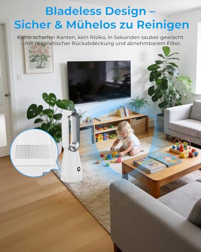 DDHTSAL 56 cm Small Quiet 32 dB Rotorless Fan with Remote Control, Magnetic Washable Filter, 8 Gears, 80° Oscillation, 9H Timer, 30 W Energy Saving Bladeless Fan for Bedroom, Home, Office