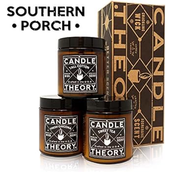 CANDLETHEORY Scented Candle Gift Set with Crackling Wood Wicks - 3, 4 oz Candles - Tall Cotton, Fresh Gardenia, Sweet Tea - Designed for Both Men and Women but Perfect Man Cave Stuff