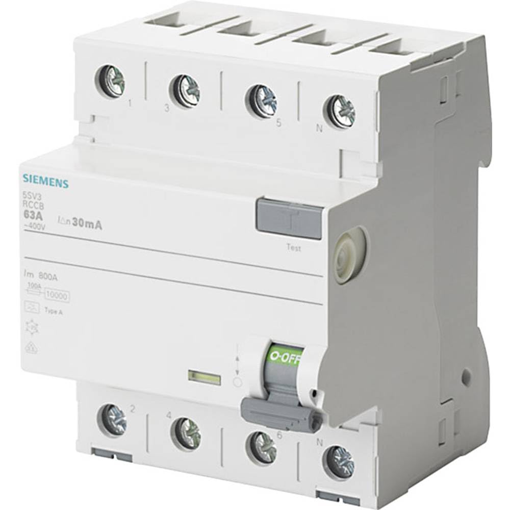 Siemens 5SV3344-6KK12 RCCB, 4-Pole, Type A, in: 40 A, 30 mA, Un AC: 400 V, SIGRES (Harsh Ambient Conditions), White