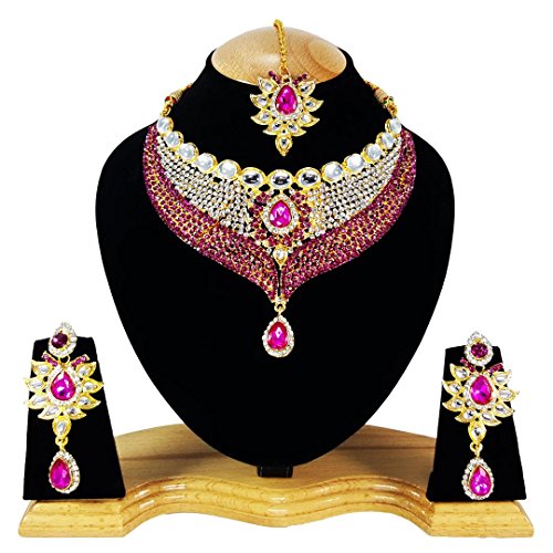 Finekraft Kundan Zircon Gold Plated Bridal Style Jewelry Necklace Set