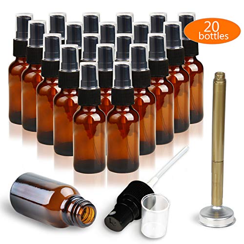 RUCKAE,1 oz (30ml) Amber Glass Spray Bottles-20 Piece Set - With Stainless Steel Funnel and Gold Glass Pen,Black Fine Mist Sprayers