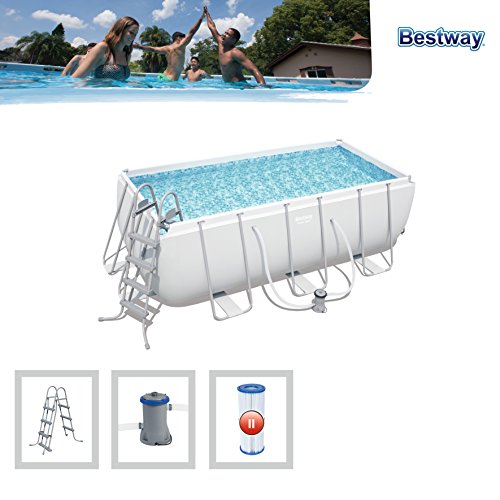 Bestway Frame Pool Power Steel, Set, hellgrau, rechteckig mit Filterpumpe und Sicherheitsleiter, 412 x 201 x 122 cm, grau – Bild 5