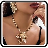 Wlahm Gold Plated Big Flower Jewelry Set for Women,Unique Punk Cuban Chain Floral Necklace Earrings Striking Evening Banquet Prom Jewelry Gifts