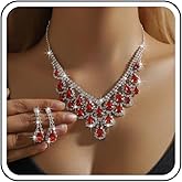 Janiasly Vintage Crystal Teardrop Necklace and Earrings Set Sparkly Rhinestone Statement Jewelry Red Blue Clear Gemstone Wedding Prom Formal Accessories for Women