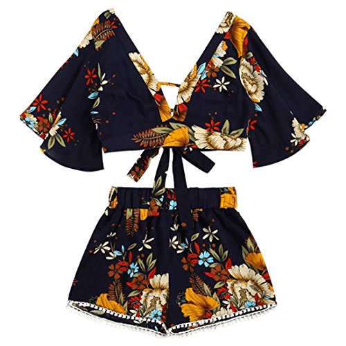 Leedford Women's 2 Pcs Floral Print V Neck Bohemian Crop Tops+Shorts Set Two Piece Outfit Suit (L, Black)