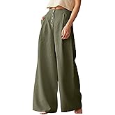 CHARTOU Women's Summer Button High Waist Wide Leg Cotton Linen Palazzo Pants with Pockets