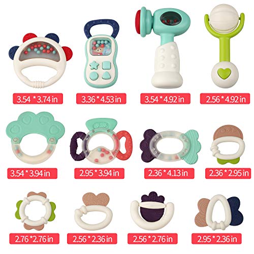GrowthPic Baby Rattles Teether 2 in 1 Teething Toys,Infant Grasping Grab Silicone Teething Chewing Toys Spin Baby Rattles Gift Set,Shaking Bell Musical Toys for Newborns 3, 4, 5, 6, 7, 9, 12, Month