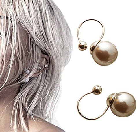 Pink Universe U-Shaped Gray Pearl Ear Clip No Piercing Earrings 2 in 1 Pair (Grey)