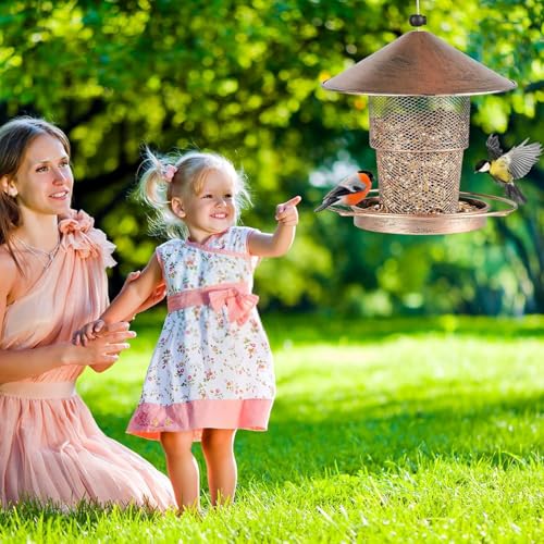 Bird Feeders for Outdoors Hanging, 2lb Large Seed Capacity Metal Feeder for Garden Patio, Mesh Tube Iron Outdoor Hanging Feeding Attract Various Birds, Including Finches and Sparrows(Brown)