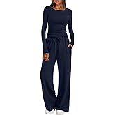 Trendy Queen Women's 2 Piece Matching Lounge Set Boat Neck Slim Fitted Top Wide Leg Pants Casual Tracksuits