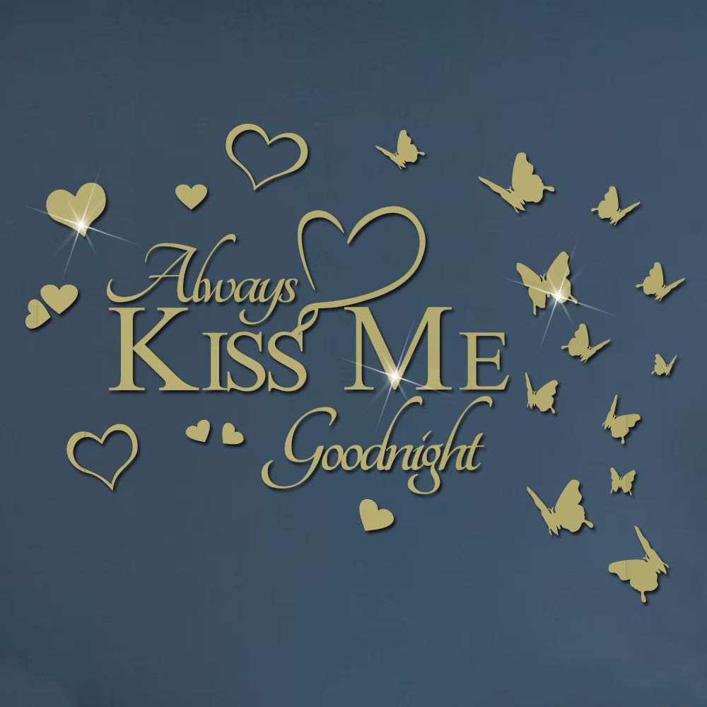 DIY Mirror Butterfly Wall Sticker Always KISS ME Goodnight Quotes Wall Decal, VAZZOLA 3D Butterflies Heart Acrylic Décor Art Murals Home Decoration for Living Room Office Bathroom (Silver) (s02)