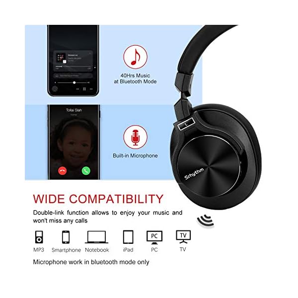 Cuffie Wireless Bluetooth 5.0 Cancellazione Attiva del Rumore,Srhythm NC75  Pro ANC Over Ear con CVC8.0 Microfono Stereo Hi-Fi,Carica Rapida, 40 ore di  Lavoro,per iPhone/Android/PC/TV - 2019 Aggiornato - Cuffie Hi-Fi