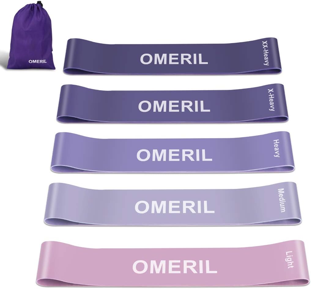 OMERIL Resistance Bands [Set of 5], Skin-Friendly Exercise Loop Bands with 5 Resistance Levels Workout Bands for Legs and Glutes, Arms, Physio, Pilates, Yoga, Strength-Carry Bag Included
