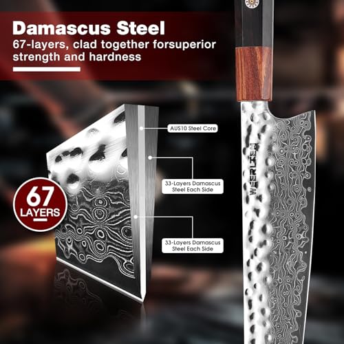 WEERLTEM Damascus Chef Knife, Upgraded 8 Inch Professional VG10 Damascus steel Japanese Kiritsuke Knife, Ultra Sharp 67-Layer Damascus Kitchen Knife with Octagonal Red Sandalwood Handle & Gift Box