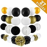 Black and Gold Party Decorations – 27 pc Kit – Tissue Paper Lanterns, Pom Pom Balls, Honeycomb Balls &amp; Latex Balloons – Elegant &amp; Classy Birthday, Anniversary &amp; Theme Party Décor – Men &amp; Women