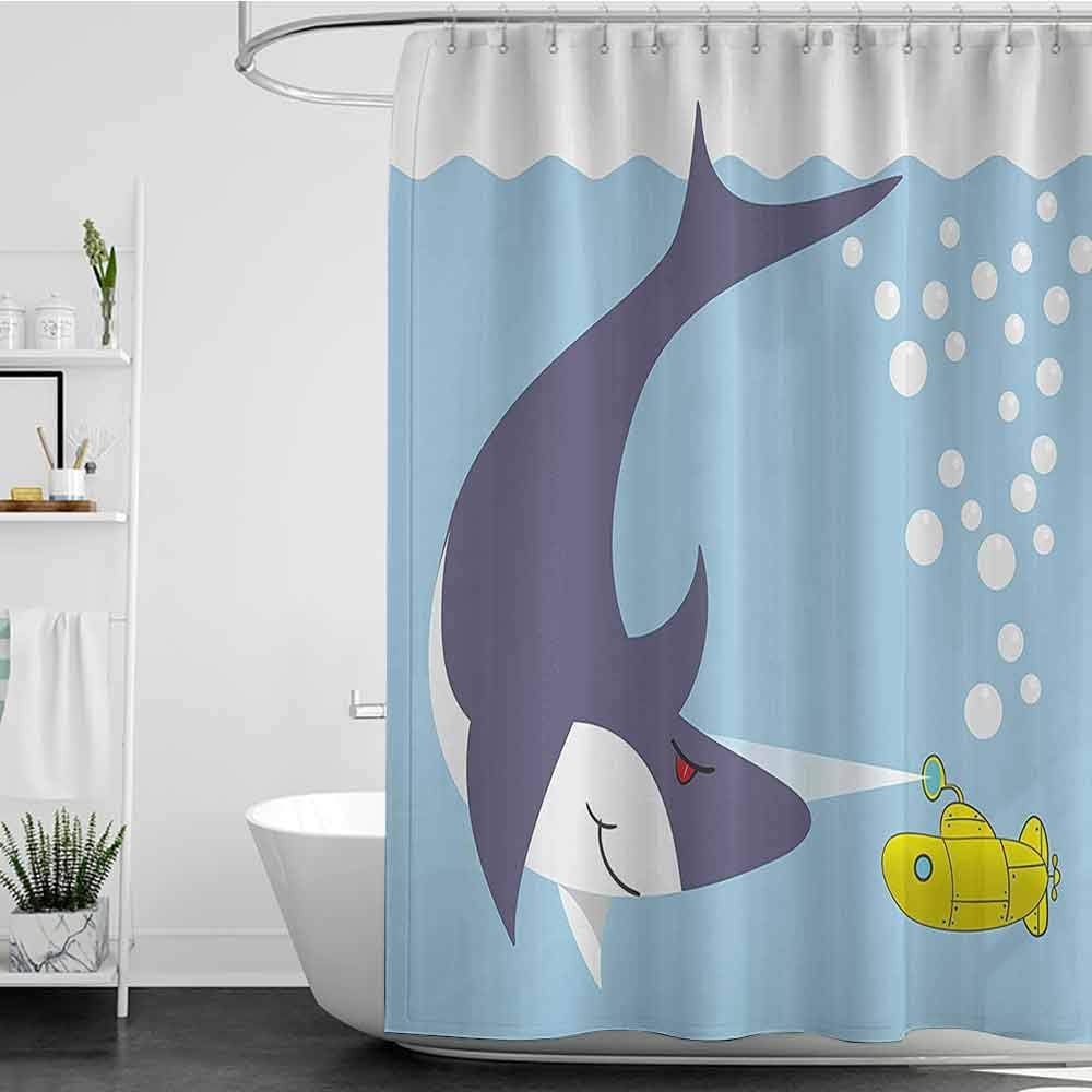 homecoco Shower Curtains peva Yellow Submarine,Shark with Vessel in Ocean Bubbles Under The Sea Theme Animals Cartoon,Blue Gray Yellow W48 x L72,Shower Curtain for clawfoot tub