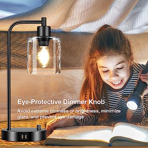 Set of 2 Industrial Table Lamps with 2 USB Port, Fully Stepless