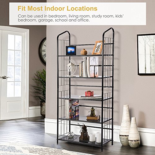 MaidMAX 5 Tiers Metal Bookcase with Adjustable Bars, Black - Thumbnail 5