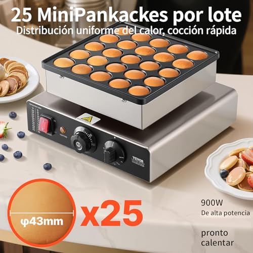 Maquina Industrial para 25 Mini Hot Cakes, Panqueques y Muffins, 900 Watts de Potencia, Perilla de Control de Temperatura y Temporizador
