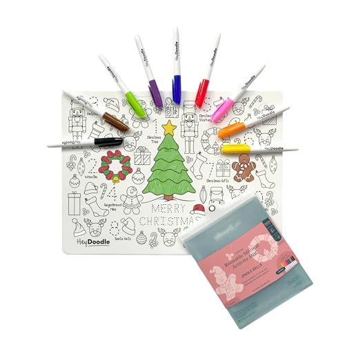 HeyDoodle Jingle Bells Classic Doodle Mat – Reusable Silicone Christmas Coloring Mat for Toddlers and Kids – Educational Holiday Activity Pad with 9 Markers – Mess-Free Travel Toy – Ages 3-7