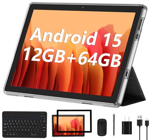 ECOPAD Android 15 Tablet, 10 Inch Tablets with Keyboard Mouse 12GB RAM + 64GB ROM +1TB Expand, 2 in 1 Tableta with WiFi 6 / Bluetooth/GMS Certified/IPS Touch Screen, Black Set
