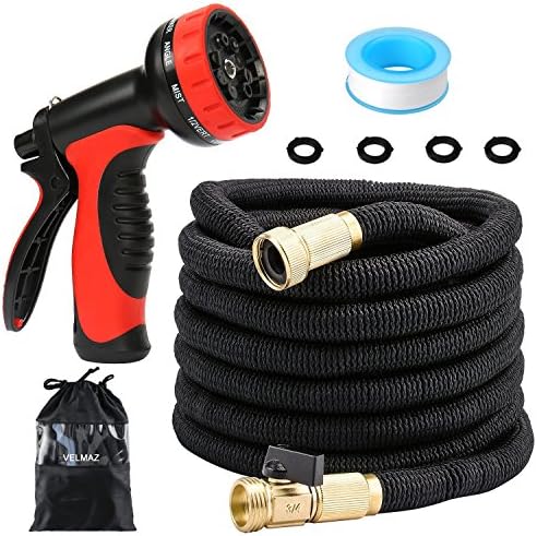 VELMAZ Expanding Garden Hose, 50ft Strong Expandable Stretch Hose Pipe with Solid Brass Connectors, 9 Pattern Spray Nozzle for Watering Plants Washing Car, Free Tube Sealing Tape & Storage Bag